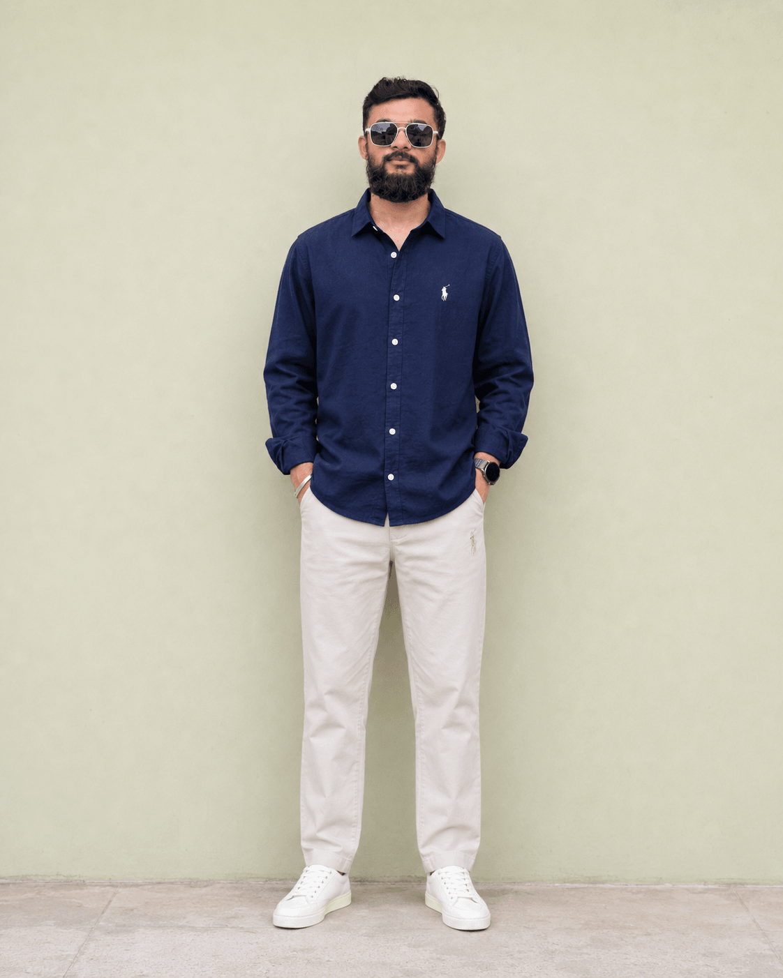 Model wearing the Navy Blue Shirt with the Ivory Drawstring Linen Pants